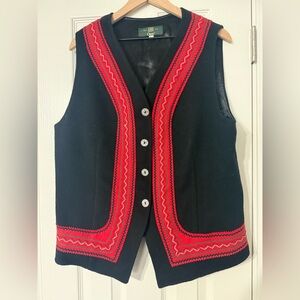 Orvis black and red embroidered 100% wool Christmas vest vintage women’s size L